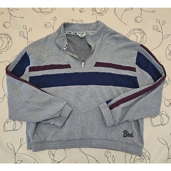 Victoria's Secret Pink 1/4 Zip Pullover Sweatshirt Cropped Size Large Stripe - Picture 8 of 8